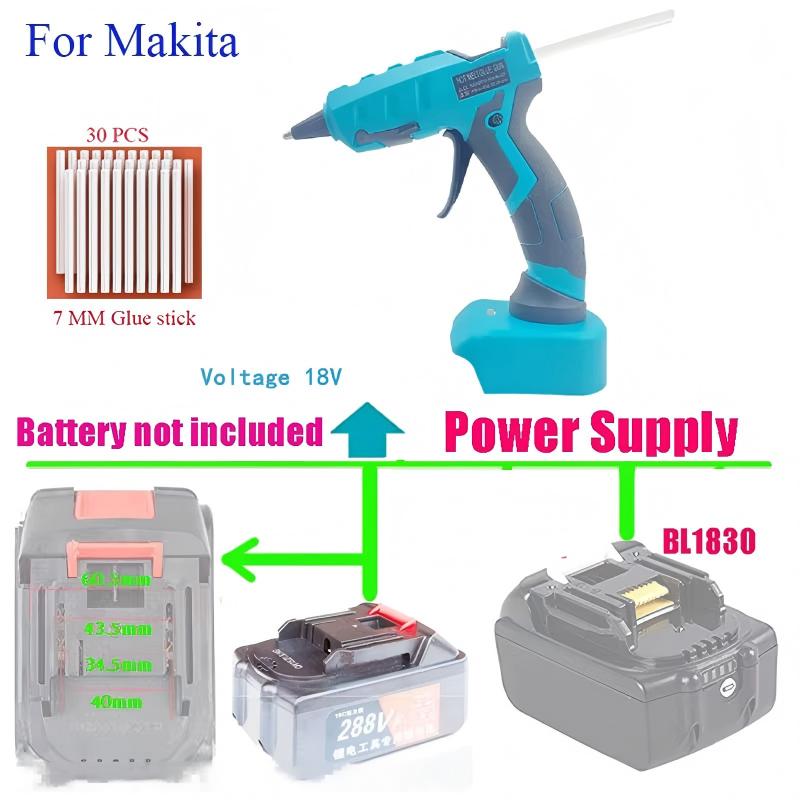 Hot Melt Glue Gun Cordless - ปืนกาวร้อนไร้สายสำหรับ Makita/DEWALT/BlackDecker/Milwaukee/Bosch พร้อมแท่งกาว 30 แท่ง แบตเตอรี่ลิเธียม
