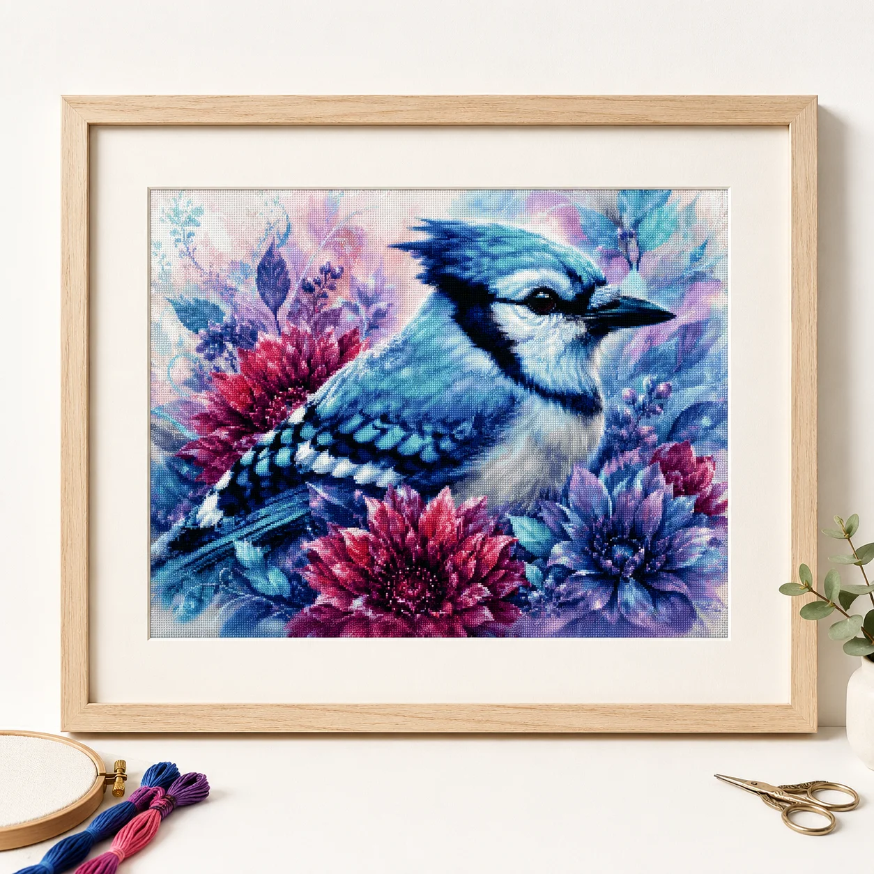 Cross Stitch Stamped Kits Beginners - [ZZ8680-นกบลูเจย์] | ชุดปักครอสสติช DIY สำหรับมือใหม่ 11CT