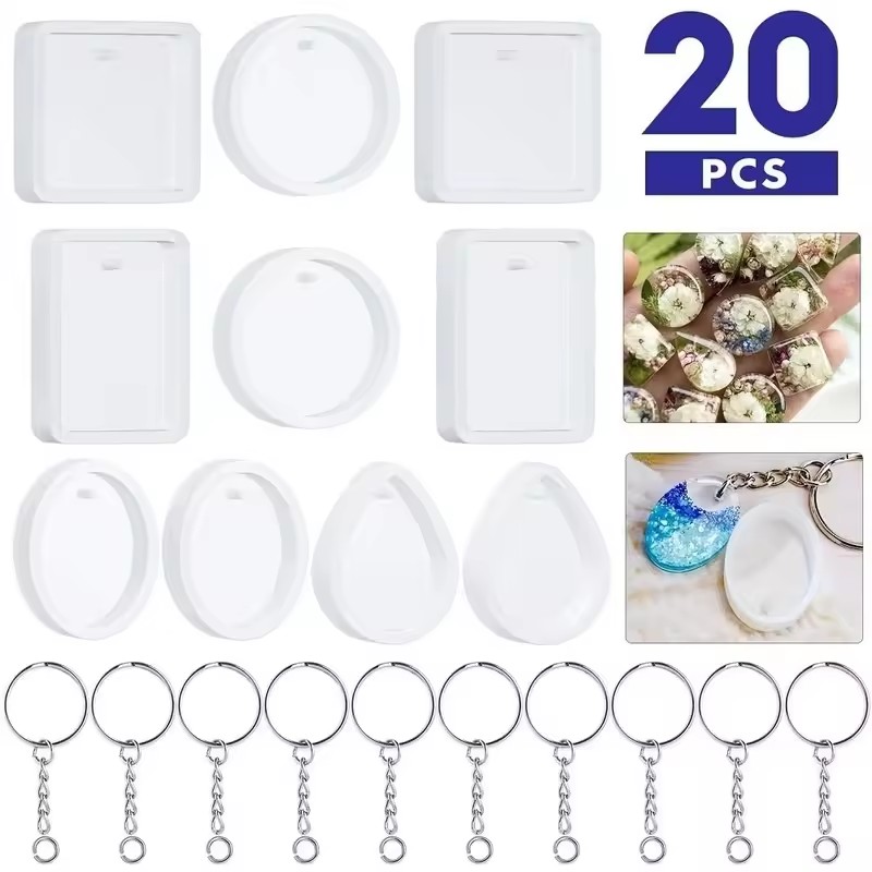 Silicone Epoxy Resin Molds Set - ชุดแม่พิมพ์ซิลิโคนสำหรับทำจี้พวงกุญแจ DIY 20 ชิ้น พร้อมห่วงพวงกุญแจ อุปกรณ์งานฝีมือ